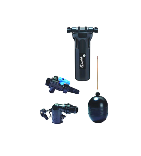 Accesorios del Kit para Tanque de Agua Rotoplas, incluyendo multiconector, válvula, flotador, filtro y jarro de aire, todo en una bolsa
